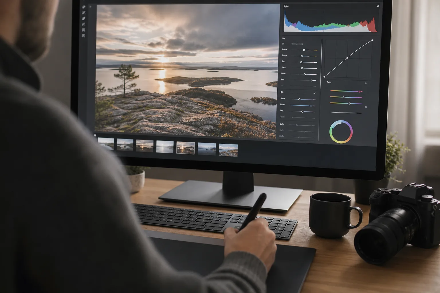 Dataskärm som visar histogram och färgjusteringar för en RAW-bild