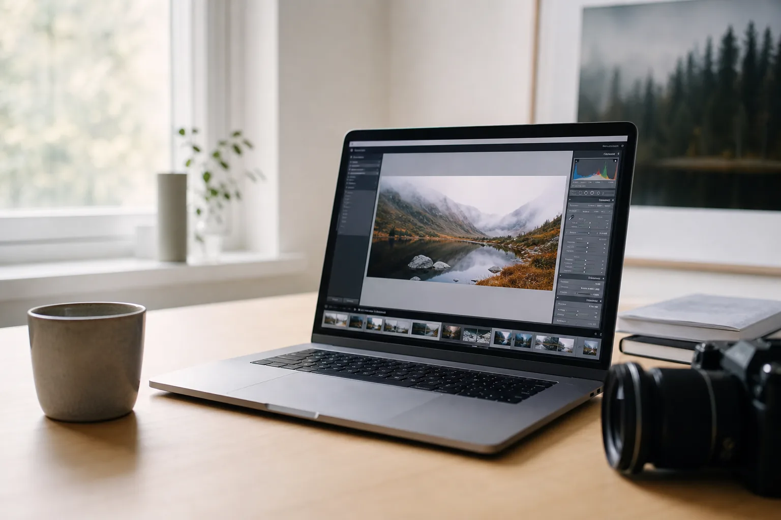 Mac-dator på ett skrivbord som visar ett bildredigeringsprogram med en RAW-bild