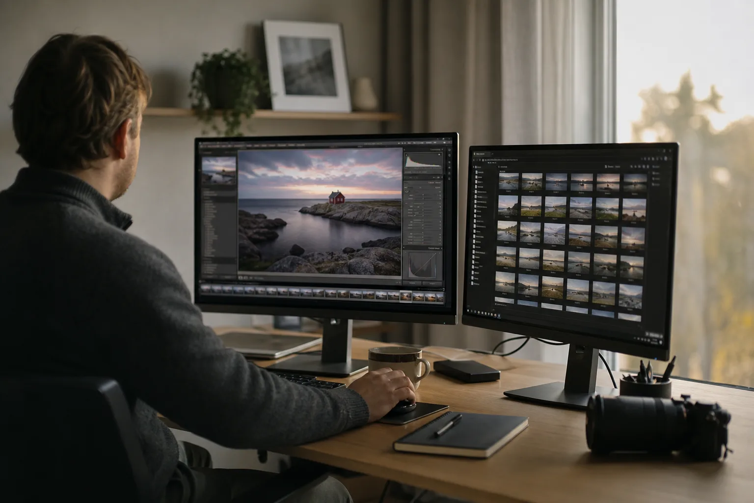 Windows-dator med två skärmar som visar ett bildredigeringsprogram och en mappstruktur