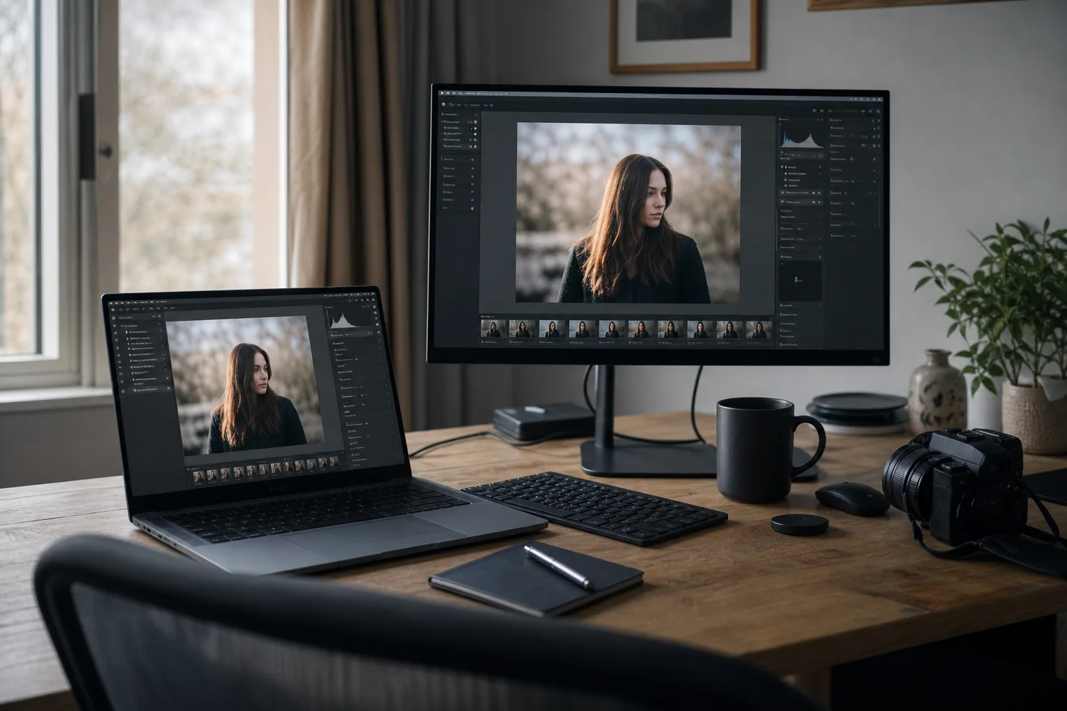 Fotograf som jämför två redigeringsprogram sida vid sida på skärmen