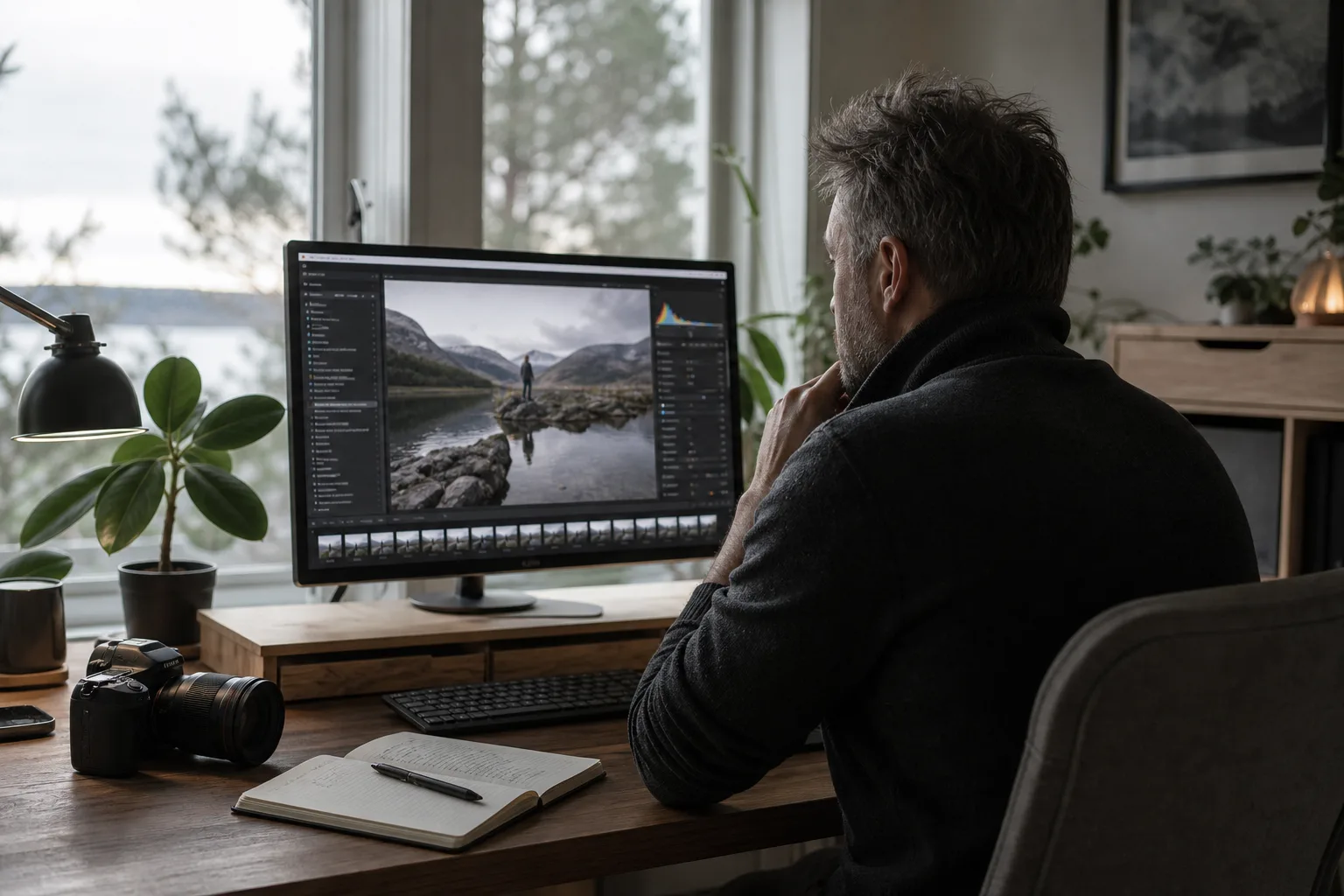 Fotograf som väger för- och nackdelar framför en dataskärm med ett redigeringsprogram öppet