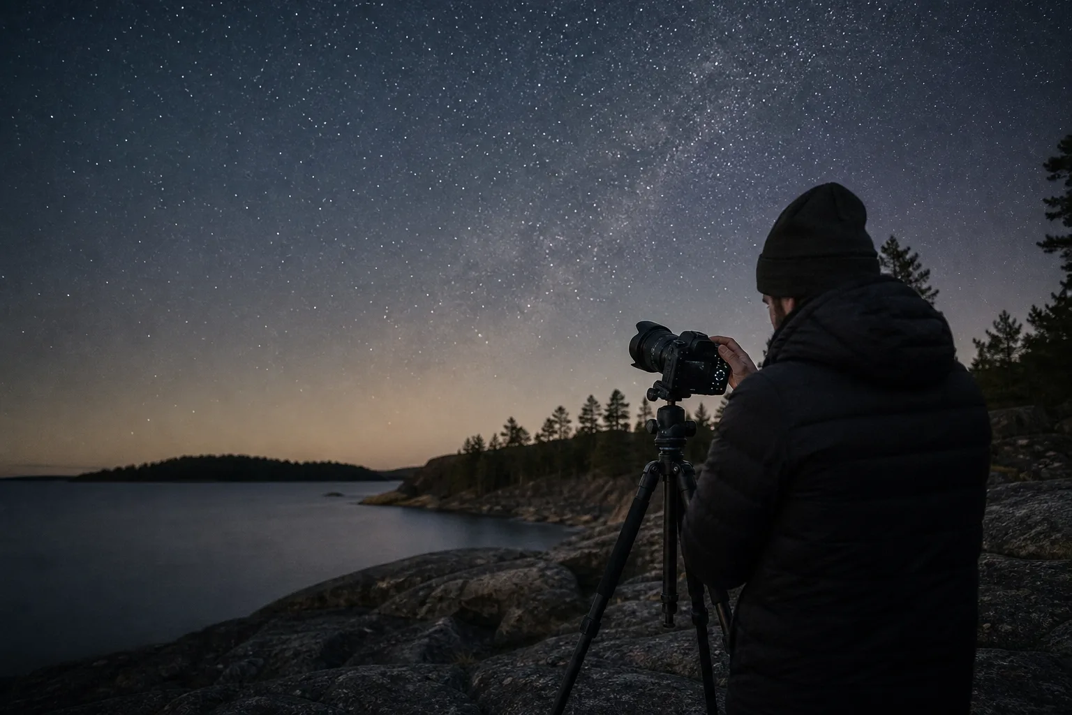 Astrofoto av stjärnhimlen fotograferat med stativ och vidvinkelobjektiv på en mörk plats