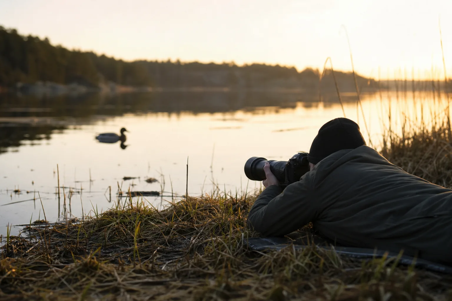 Fotograf i låg vinkel fotograferar en fågel vid en sjökant med teleobjektiv
