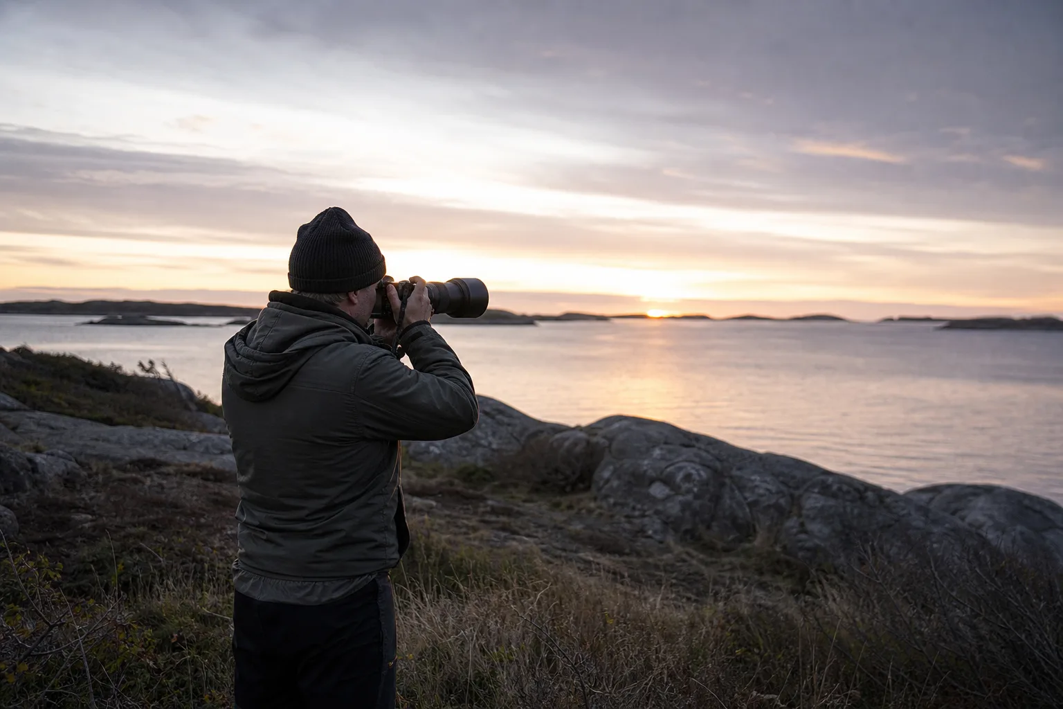Fotograf i gryningsljus vid kusten med teleobjektiv riktat mot horisonten