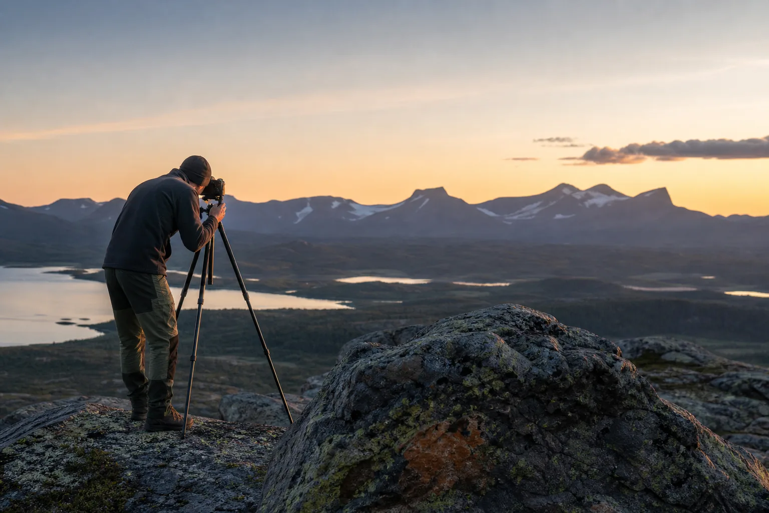Landskapsfotografering med stativ, sten i förgrunden och vidsträckt vy i bakgrunden