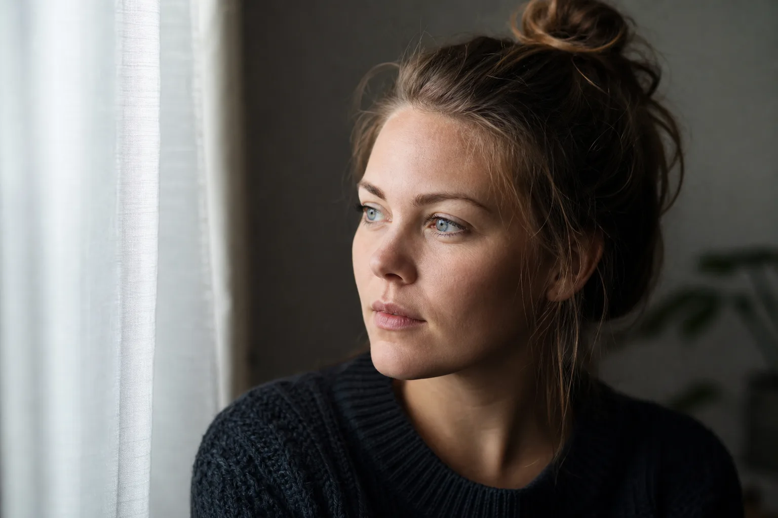 Porträttfotografering i mjukt fönsterljus med fokus på ögonen