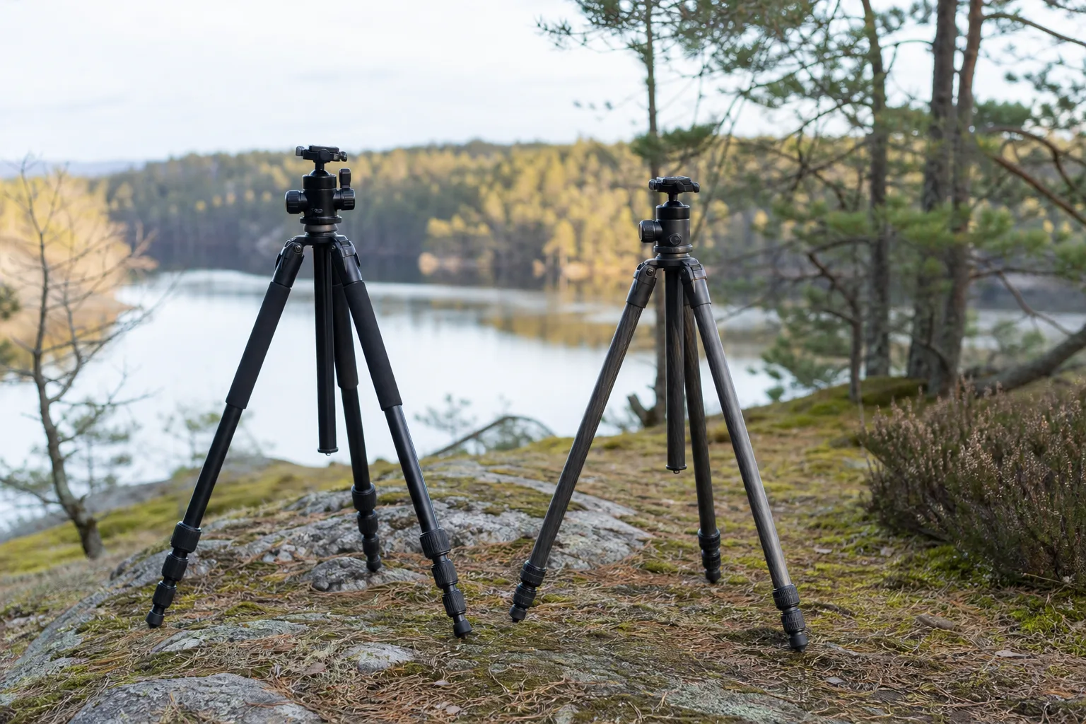 Kolfiberstativ och aluminiumstativ uppställda bredvid varandra utomhus