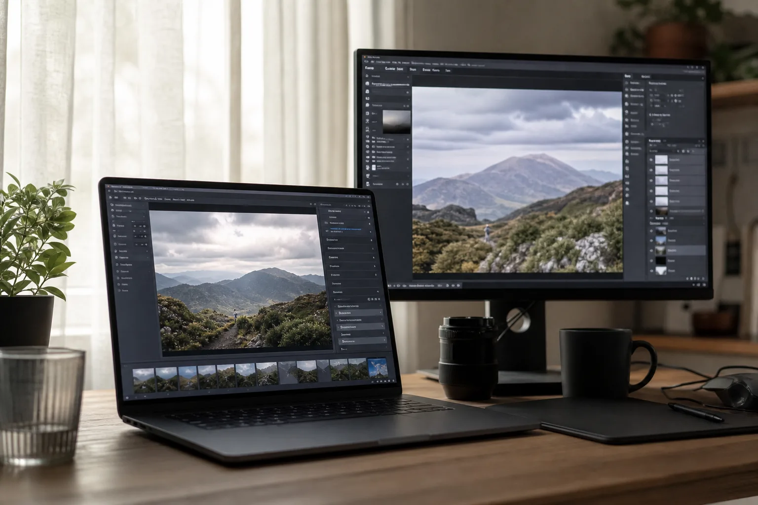 Bärbar dator som visar ett fotoredigeringsprogram med AI-verktyg bredvid ett program med lagerpanel