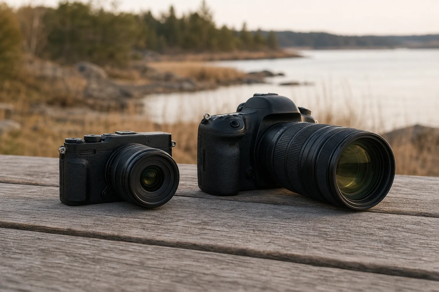 Micro Four Thirds-kamerahus och fullformatskamera med teleobjektiv jämförs sida vid sida
