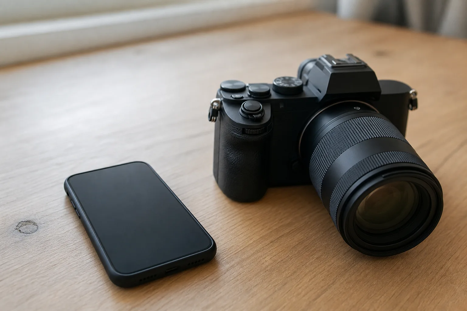 Mobiltelefon och systemkamera med objektiv liggande bredvid varandra på ett bord