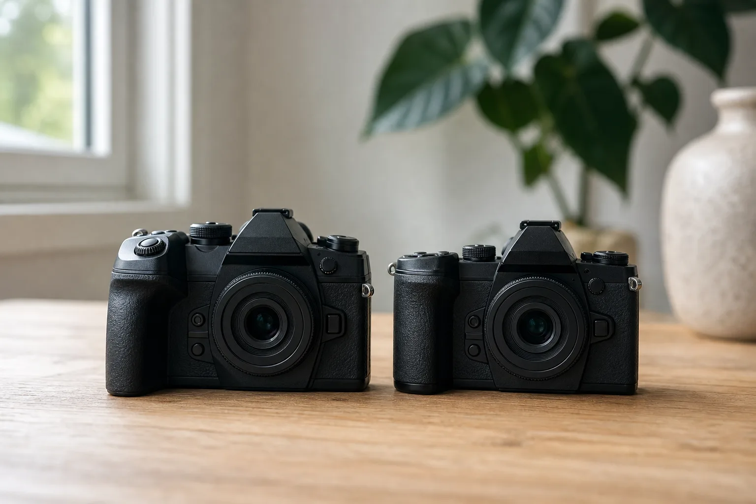 OM System OM-1 Mark II och OM-5 Mark II kamerahus jämförs sida vid sida