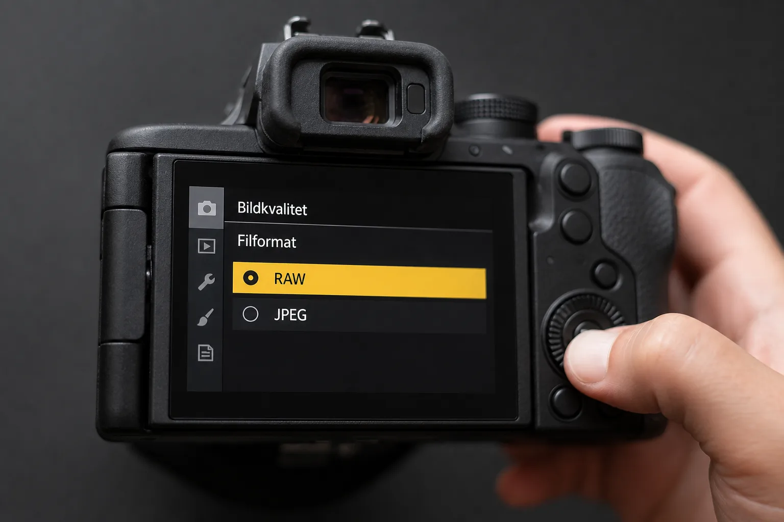 Kameraskärm som visar filformatsval mellan RAW och JPEG i inställningsmenyn