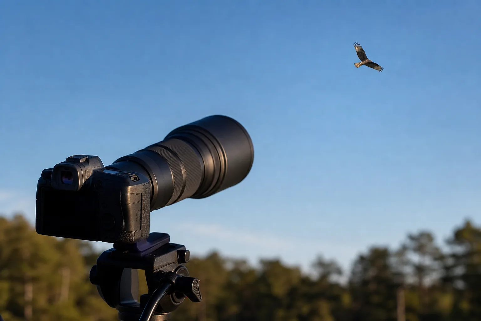 Fågelfotograf med teleobjektiv monterat på systemkamera riktat mot flygande fågel