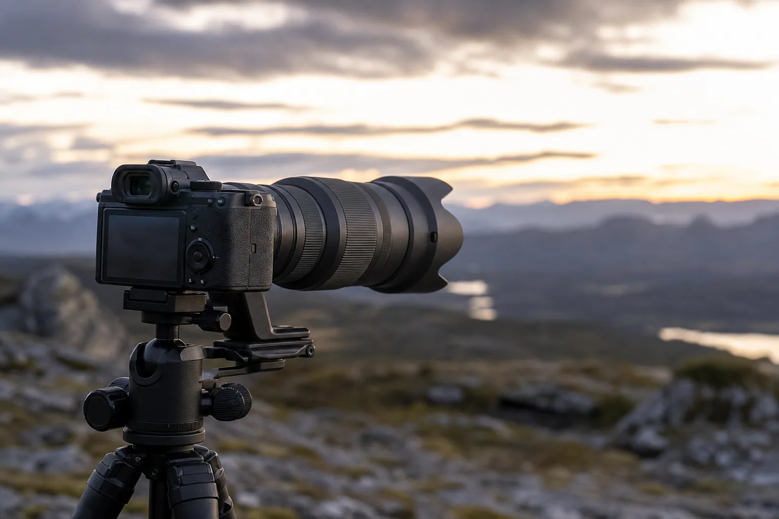 OM System OM-1 Mark II med teleobjektiv riktat mot naturmotiv i fält
