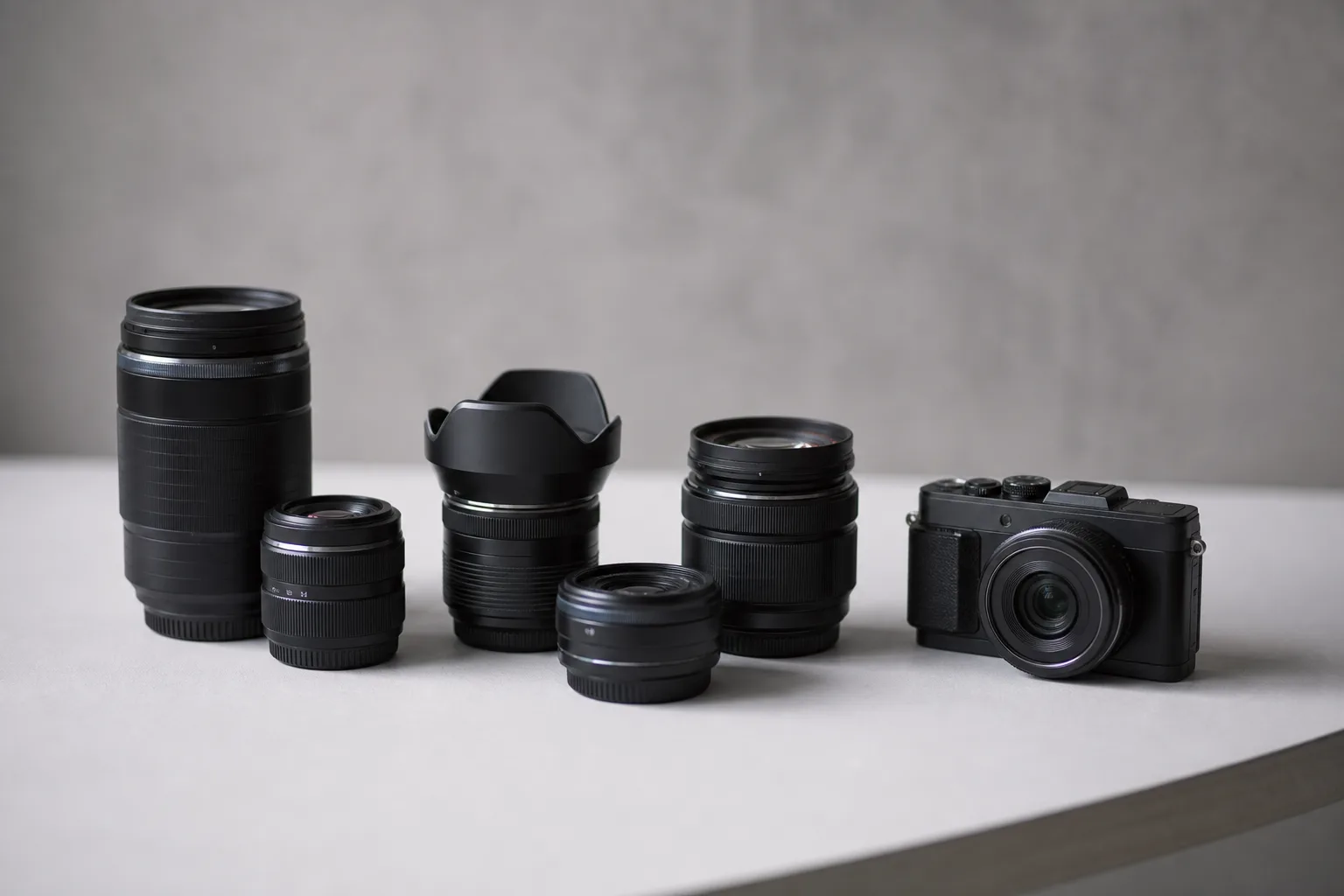 Flera M.Zuiko-objektiv i olika storlekar uppradade bredvid ett Micro Four Thirds-kamerahus