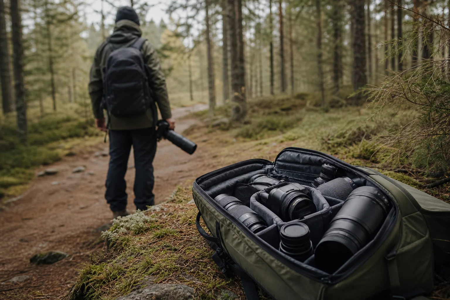 Fotograf med ryggsäck och kamera på en stig i skogsterräng med objektiv i olika storlekar synliga i väskan