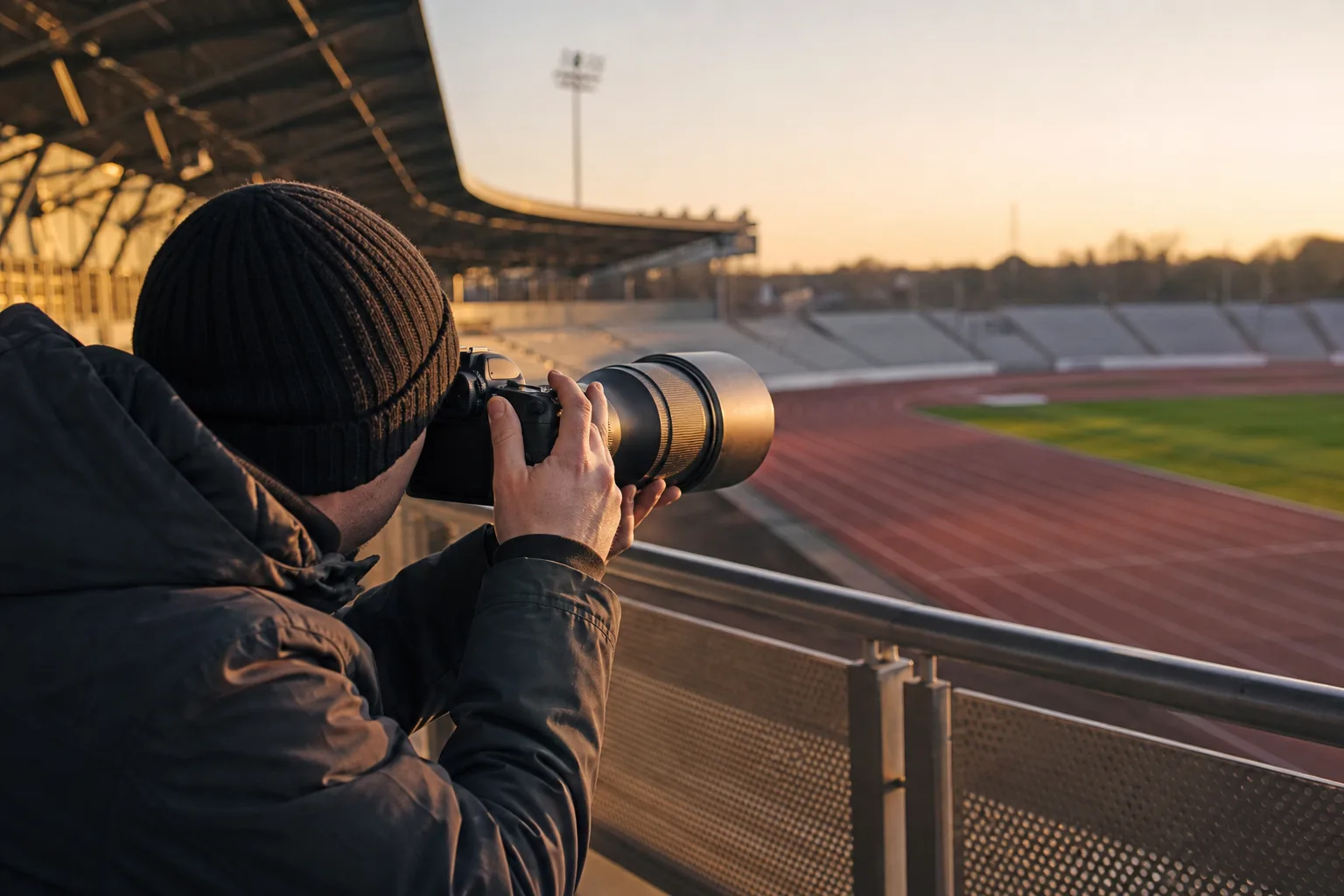 Fotograf med teleobjektiv riktat mot en idrottsarena i eftermiddagsljus