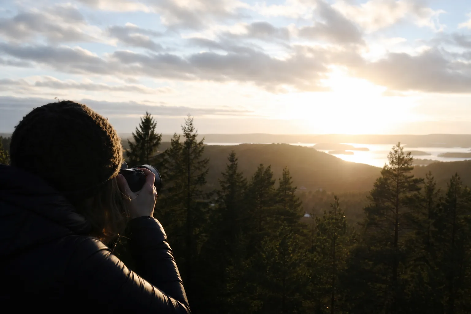 Motljusbild med ljus himmel och mörk skog i förgrunden