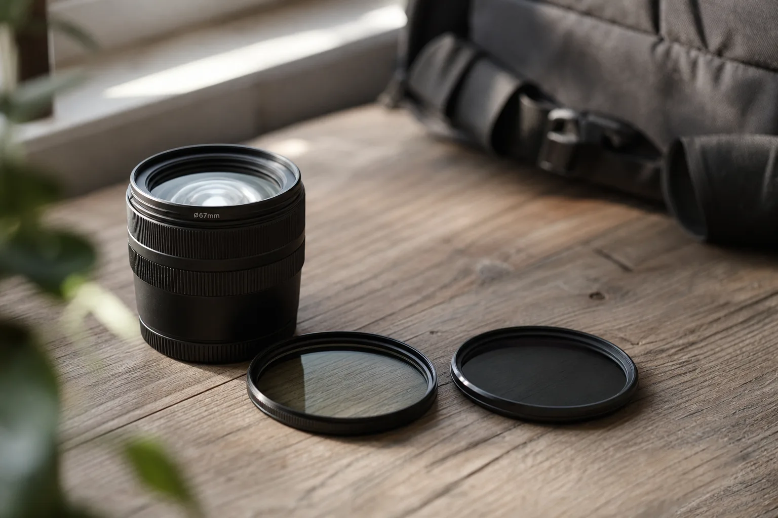 Cirkulärt polarisationsfilter och ND-filter liggande bredvid ett kameraobjektiv