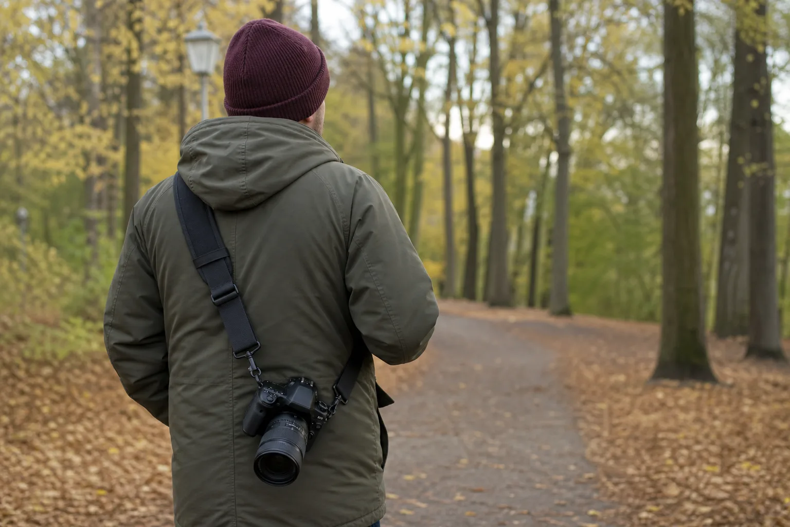 Systemkamera med bred axelrem hängande över en fotografs axel utomhus