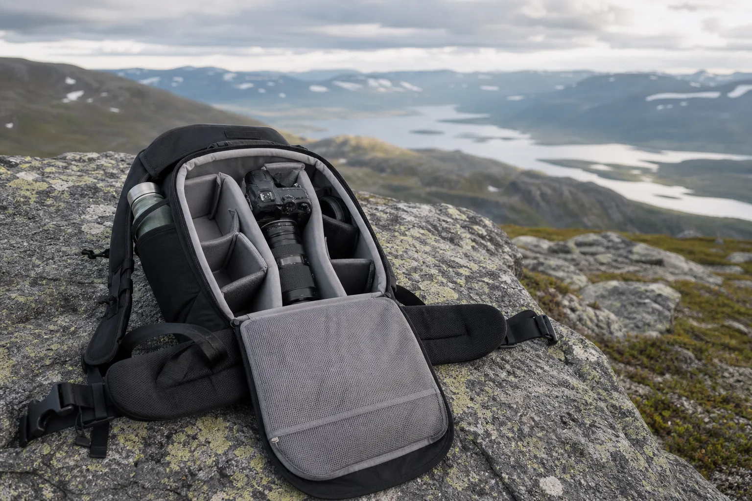 Kameraryggsäck öppen på en klippa med systemkamera, objektiv och vattenflaska synliga
