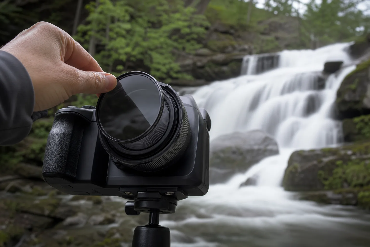 Grått ND-filter monterat på ett kameraobjektiv riktat mot ett vattenfall