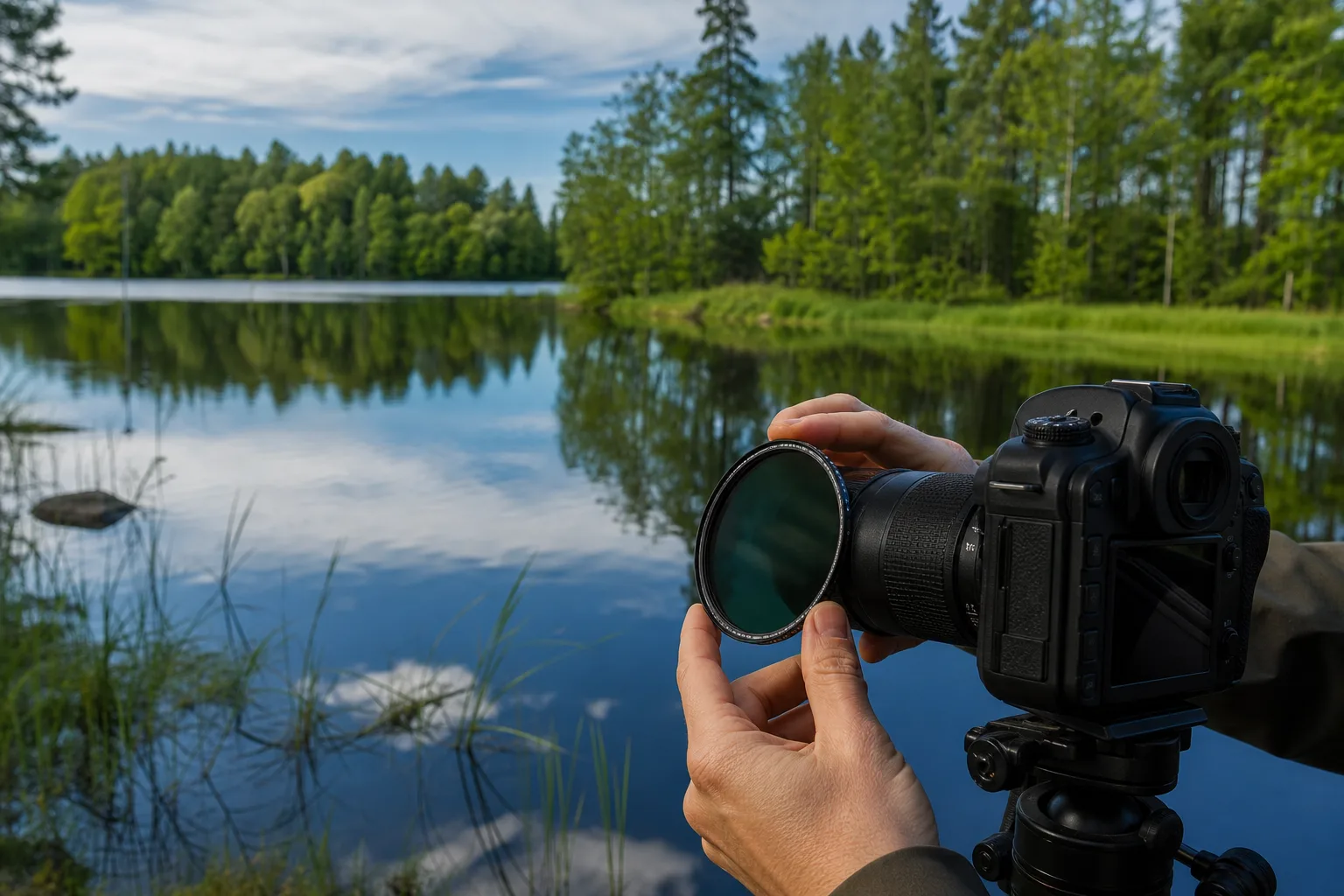 Cirkulärt polarisationsfilter monterat på ett objektiv riktat mot en sjö med vattenreflexer